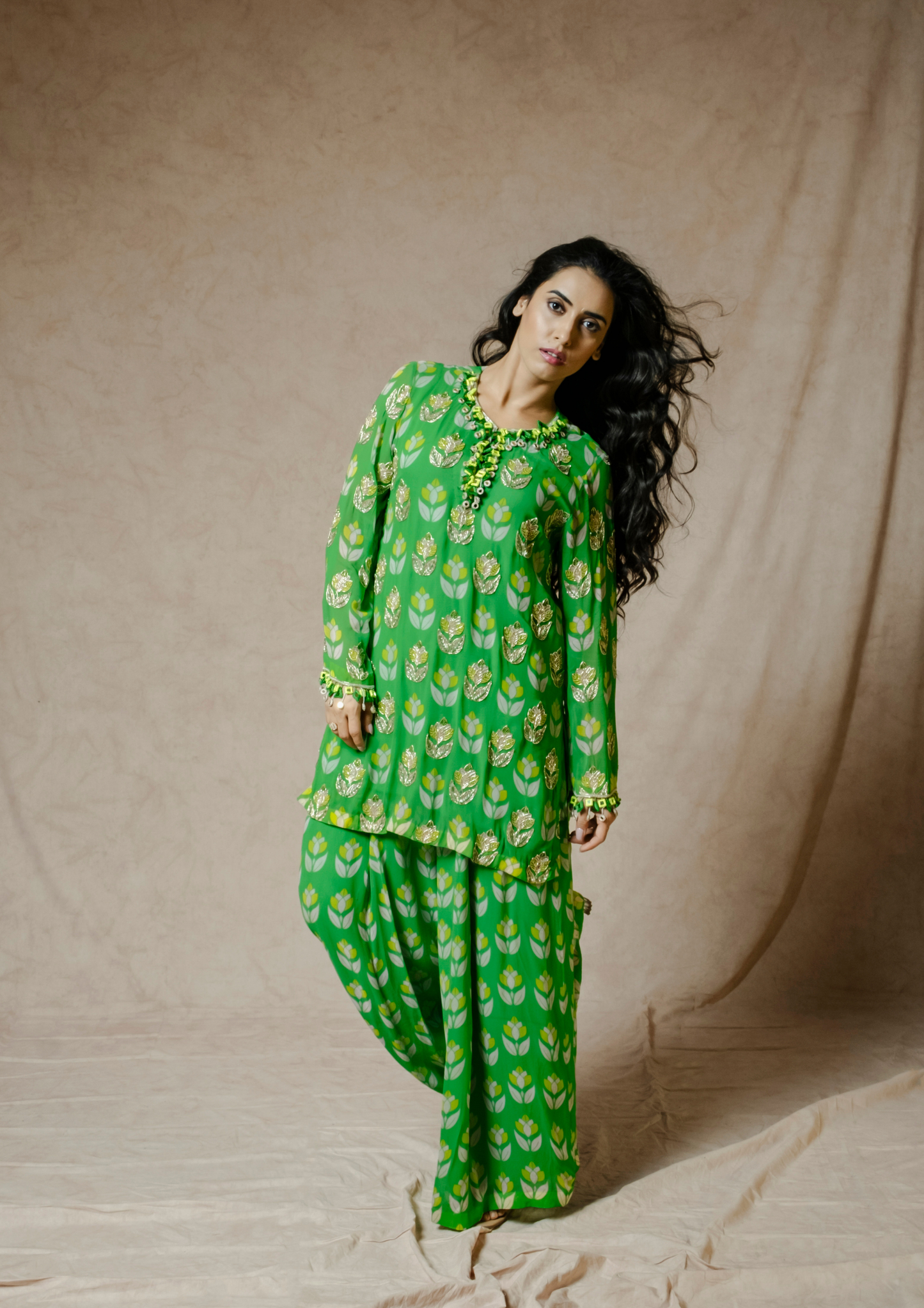 Noor Green Lotus Print Kurta Set.