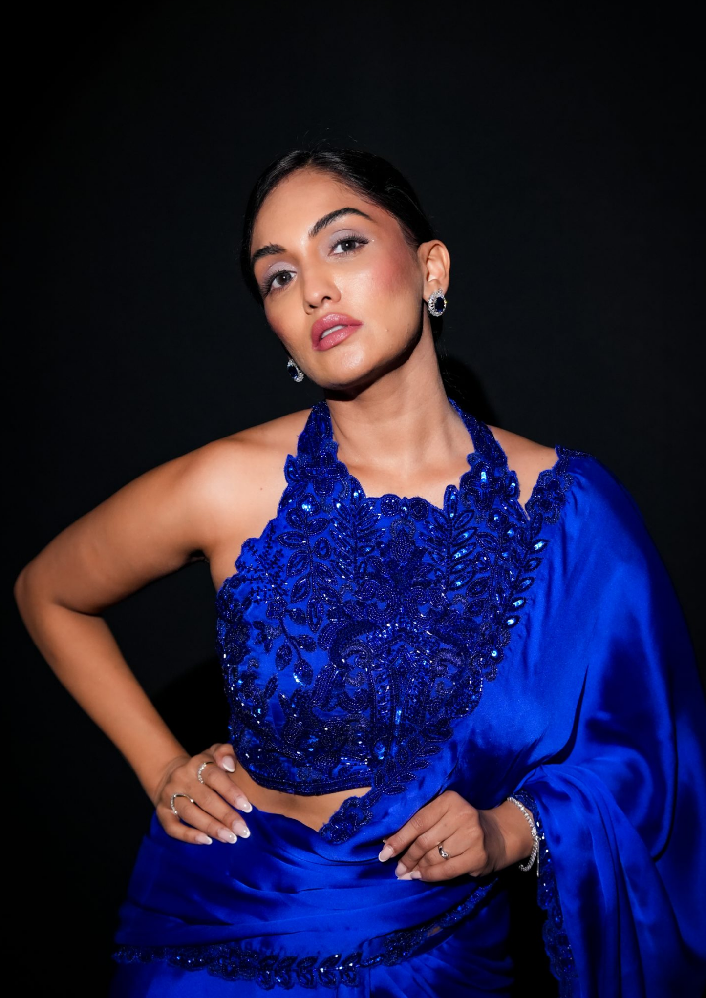 Noor Cobalt Blue Hand Embroidered Blouse with Pre Draped Saree