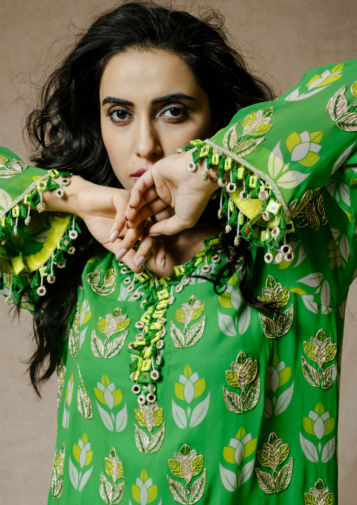 Noor Green Lotus Print Kurta Set.