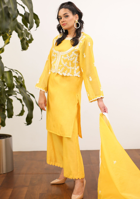 Sorbet Diva Yellow Cropped Jacket Kurta Set.