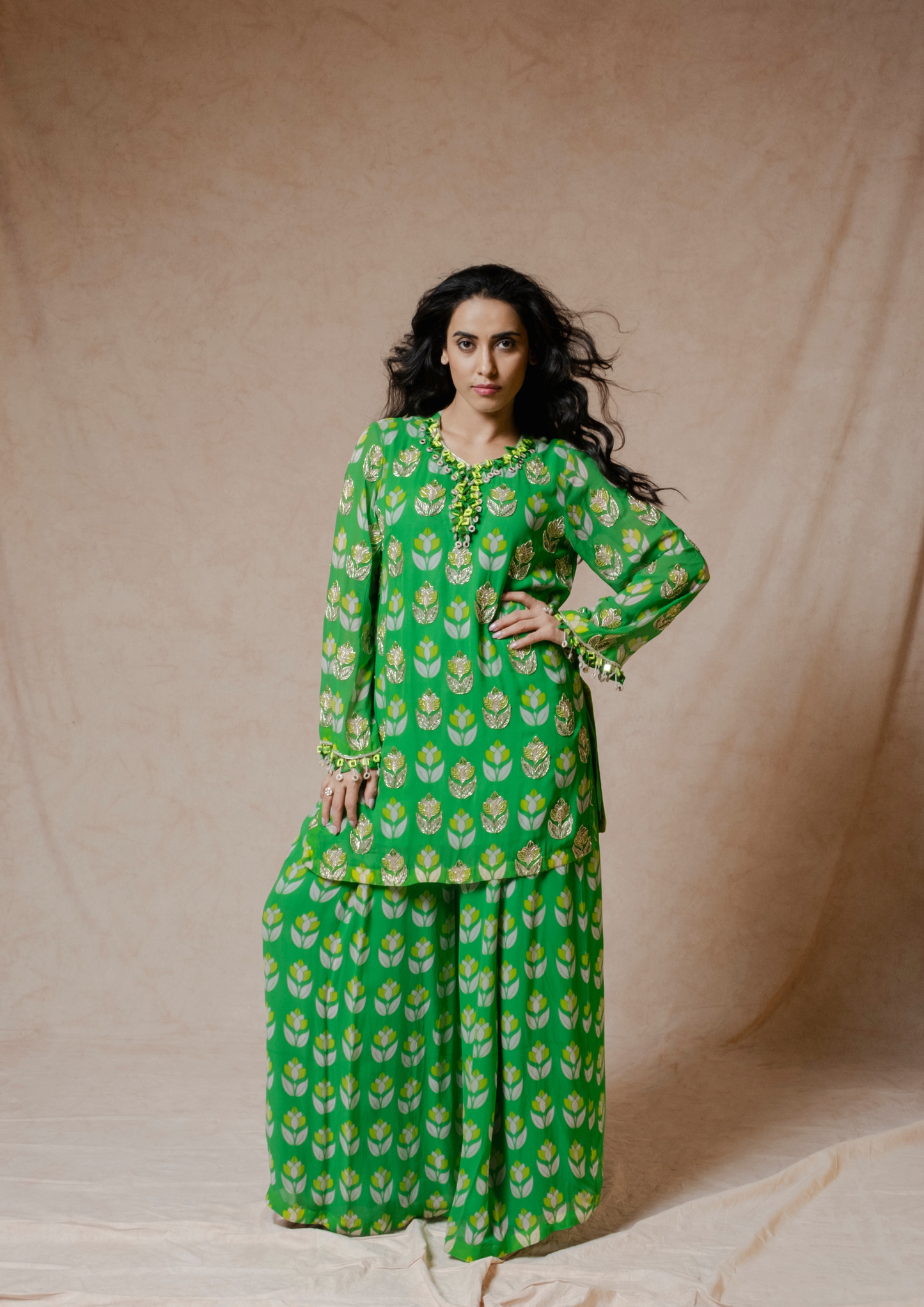 Noor Green Lotus Print Kurta Set.