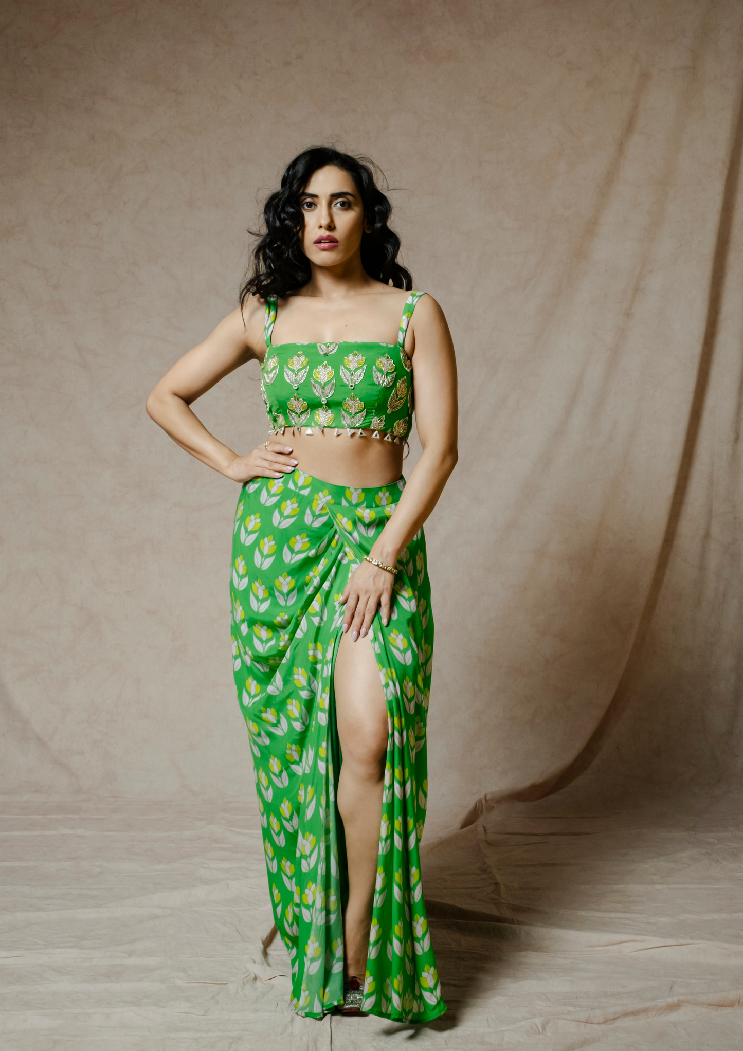Noor Green Lotus print Crop top and Skirt Set.