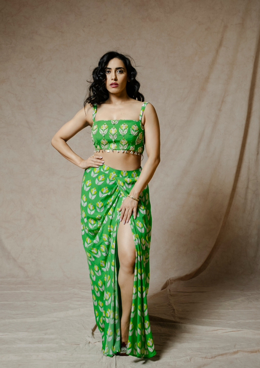 Noor Green Lotus print Crop top and Skirt Set.