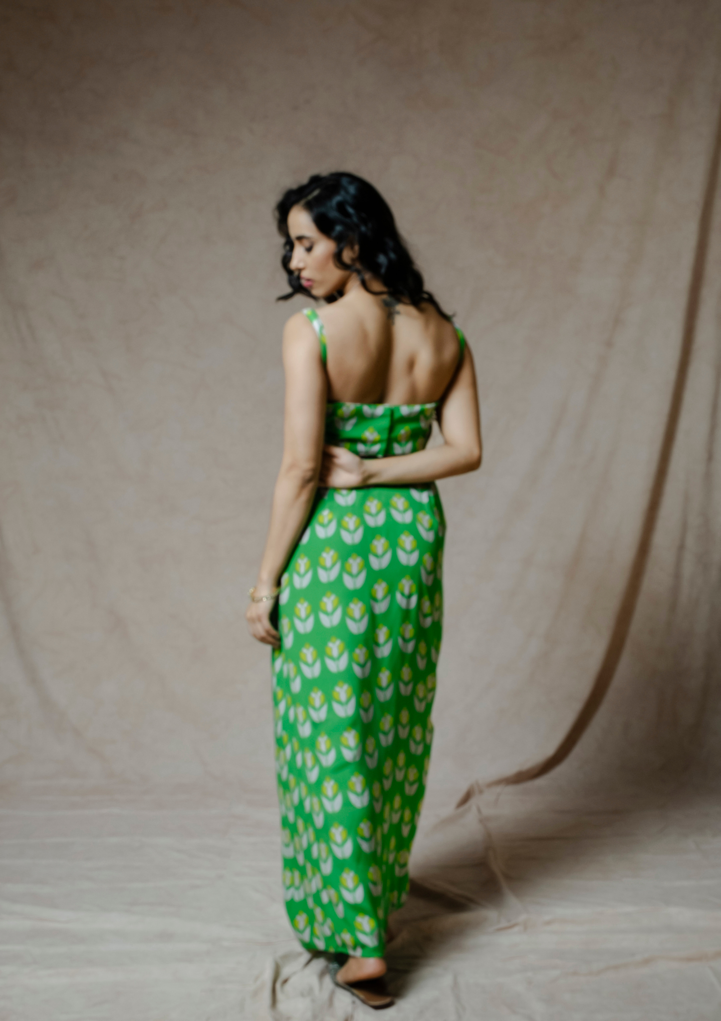Noor Green Lotus print Crop top and Skirt Set.