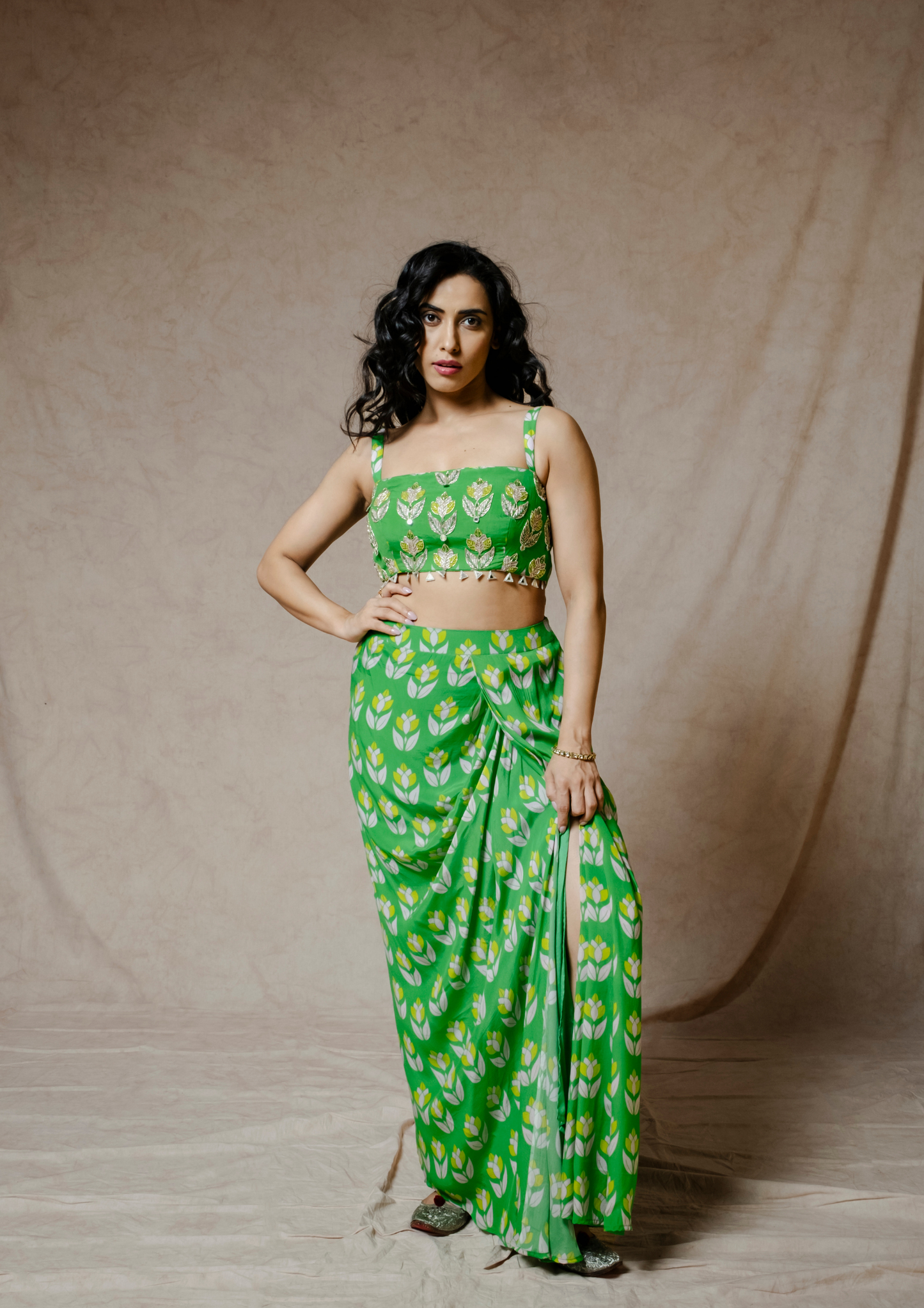 Noor Green Lotus print Crop top and Skirt Set.