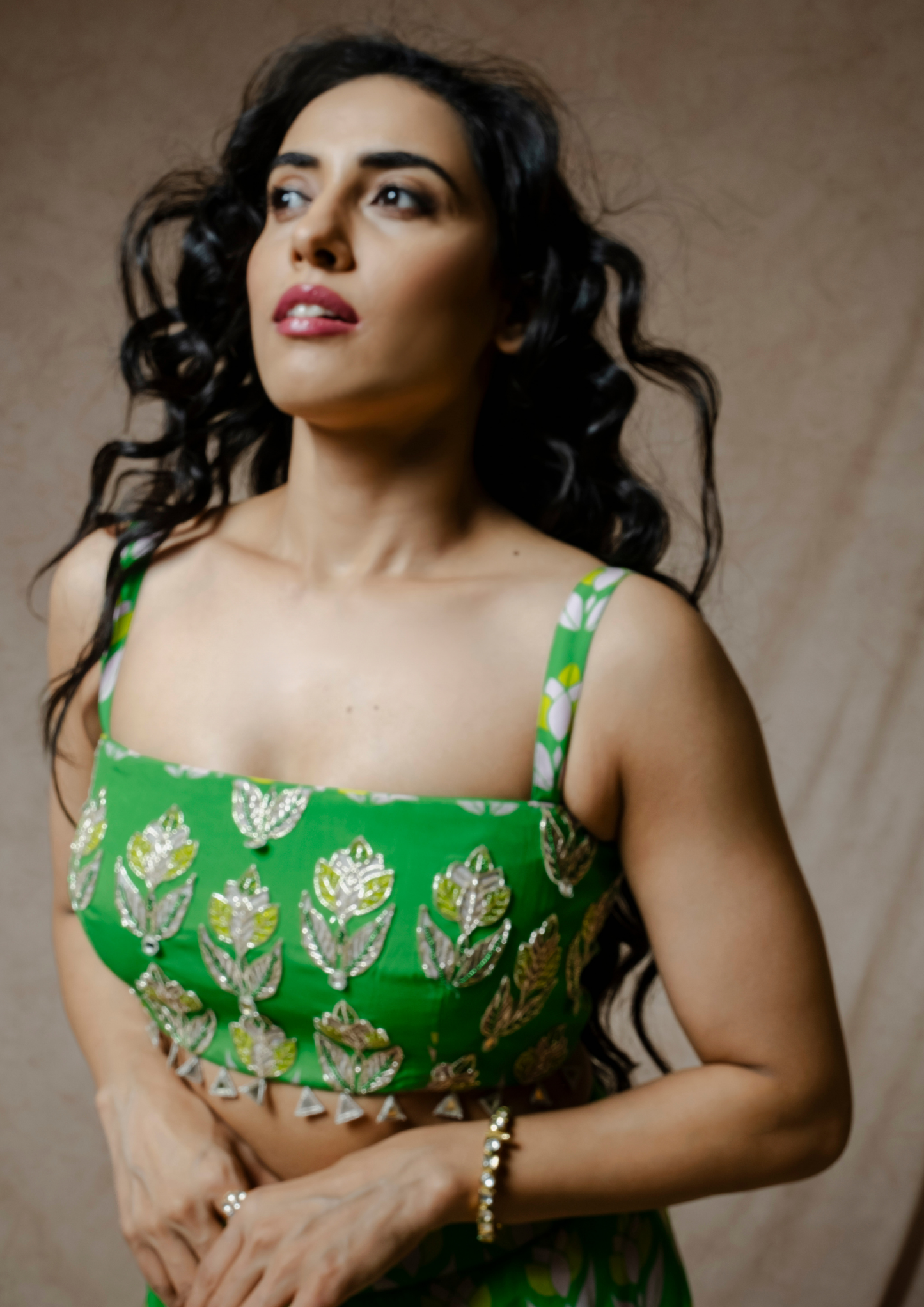 Noor Green Lotus print Crop top and Skirt Set.