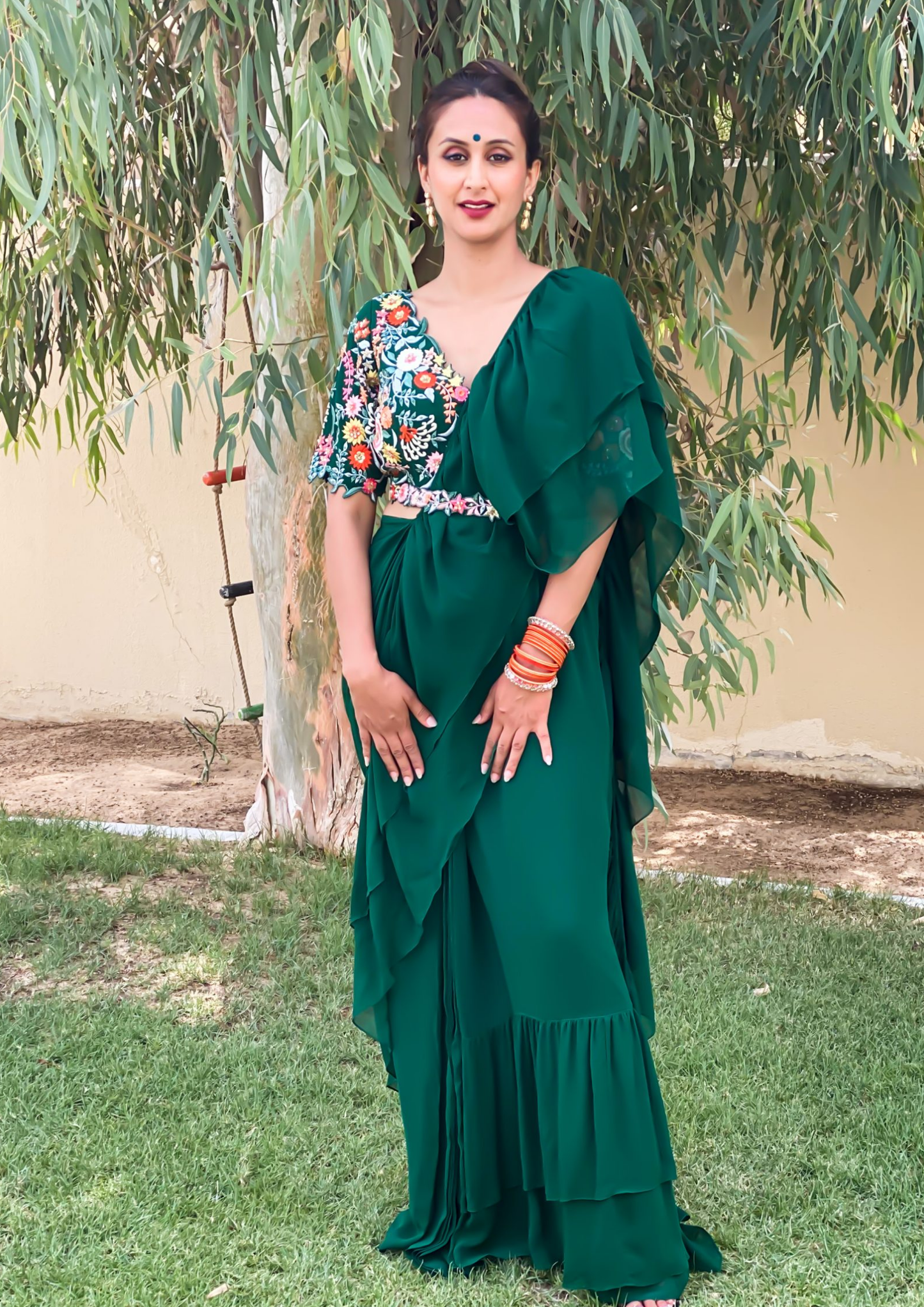 Sorbet Emerald Green Pre- Stitched Ruffled Saree and Blouse.
