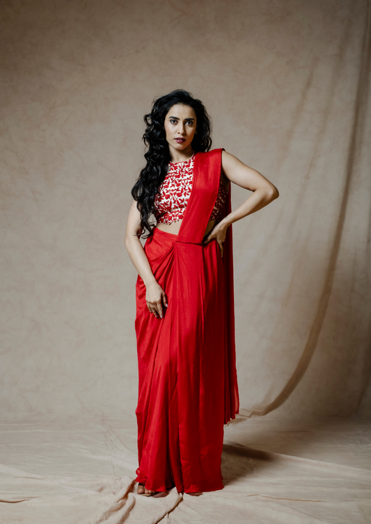 Noor Red and White Saree Set.