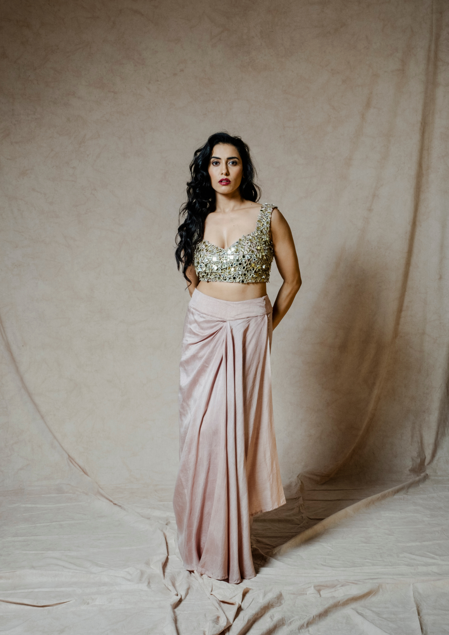 Noor Champagne Blouse and Draped Skirt Set