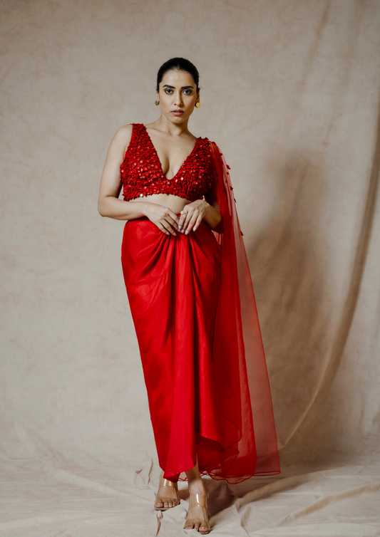 Noor Red Draped Saree Set