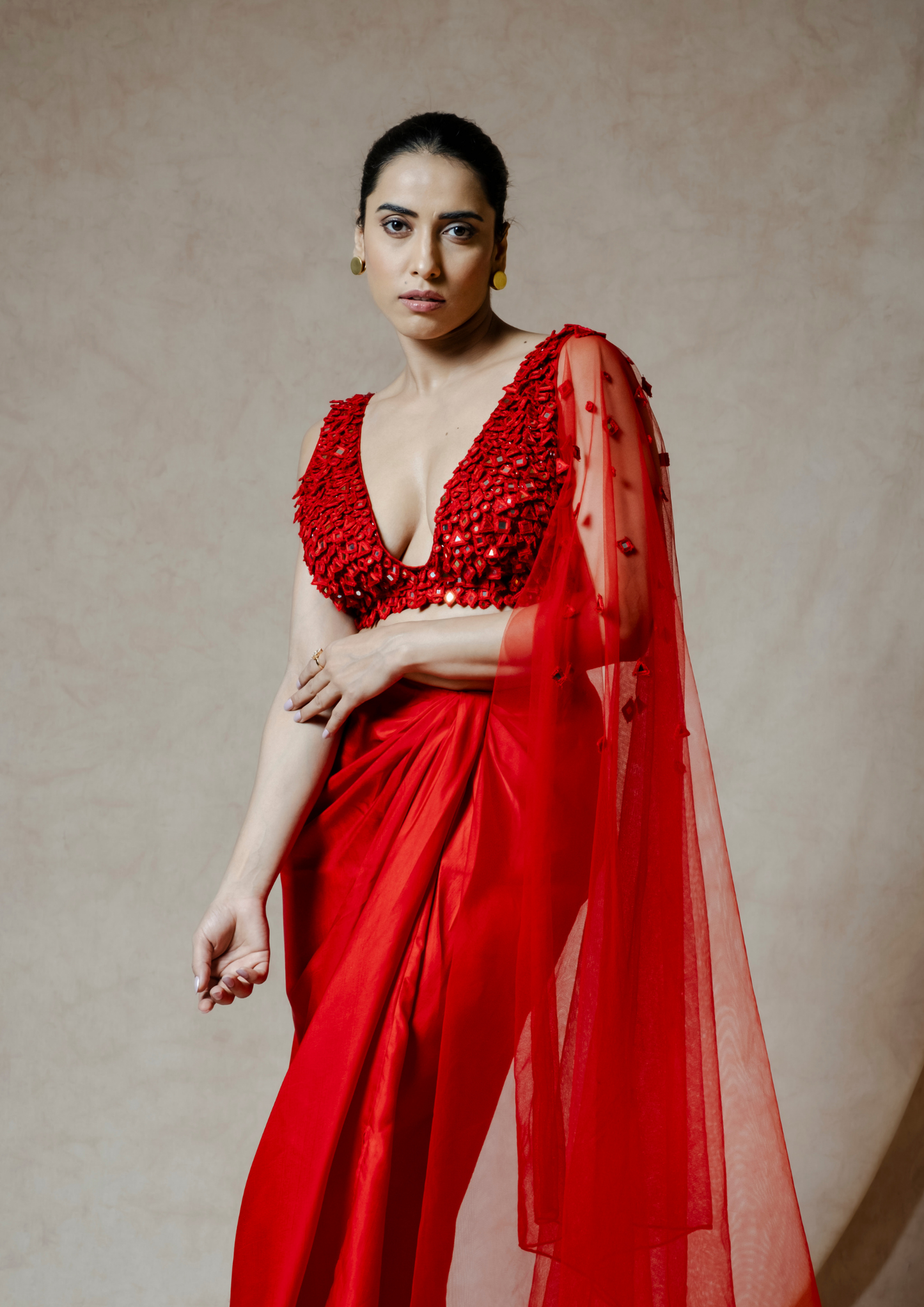 Noor Red Draped Saree Set