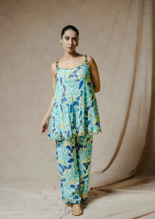 Noor Floral 3D Appliquéd Kurta Set in Blue and Mustard.