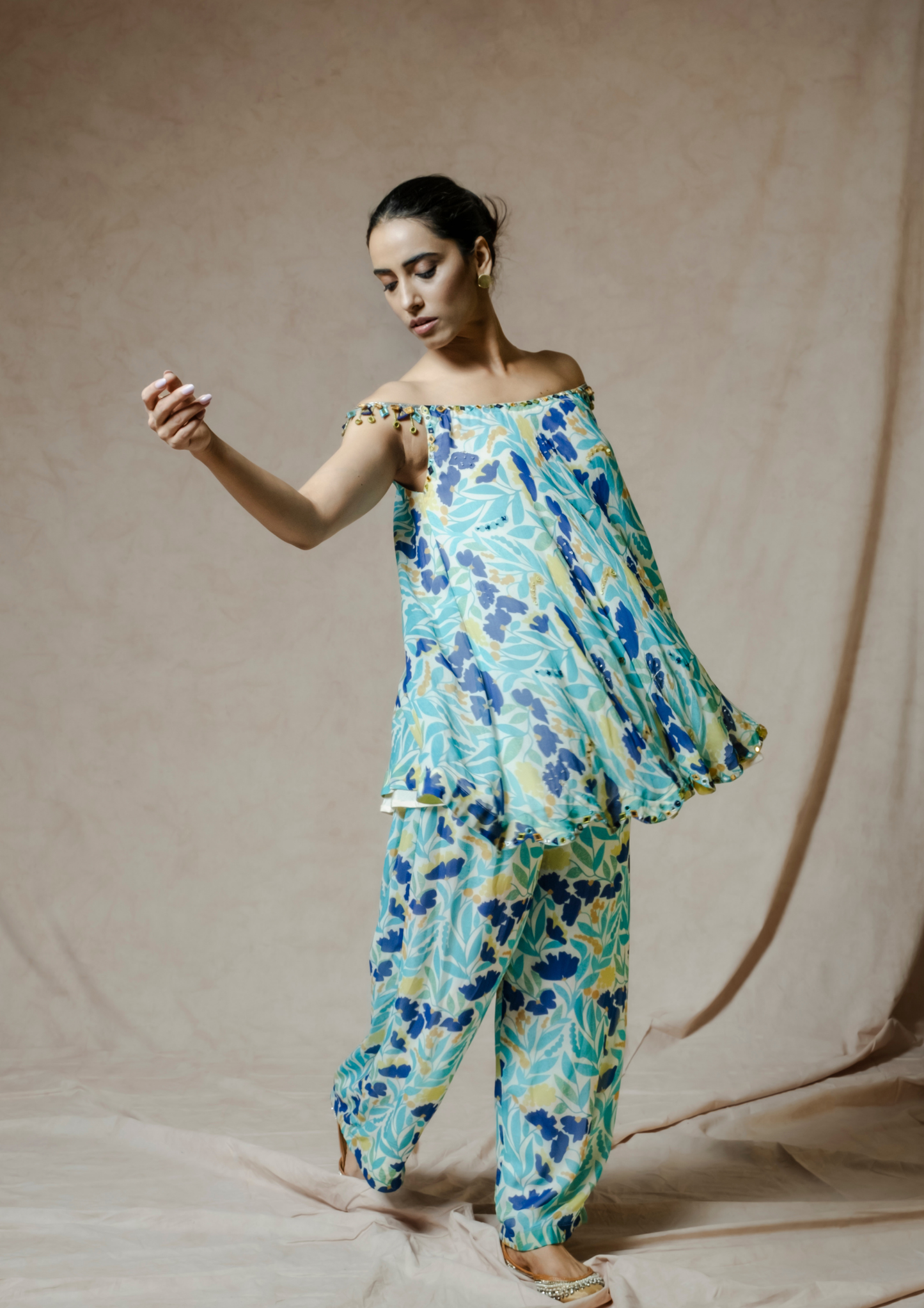 Noor Floral 3D Appliquéd Kurta Set in Blue and Mustard.