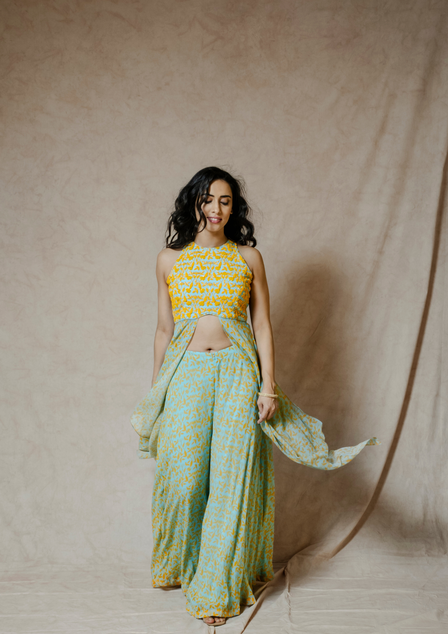 Noor Orange and Blue Crop Top and Palazzo Set.