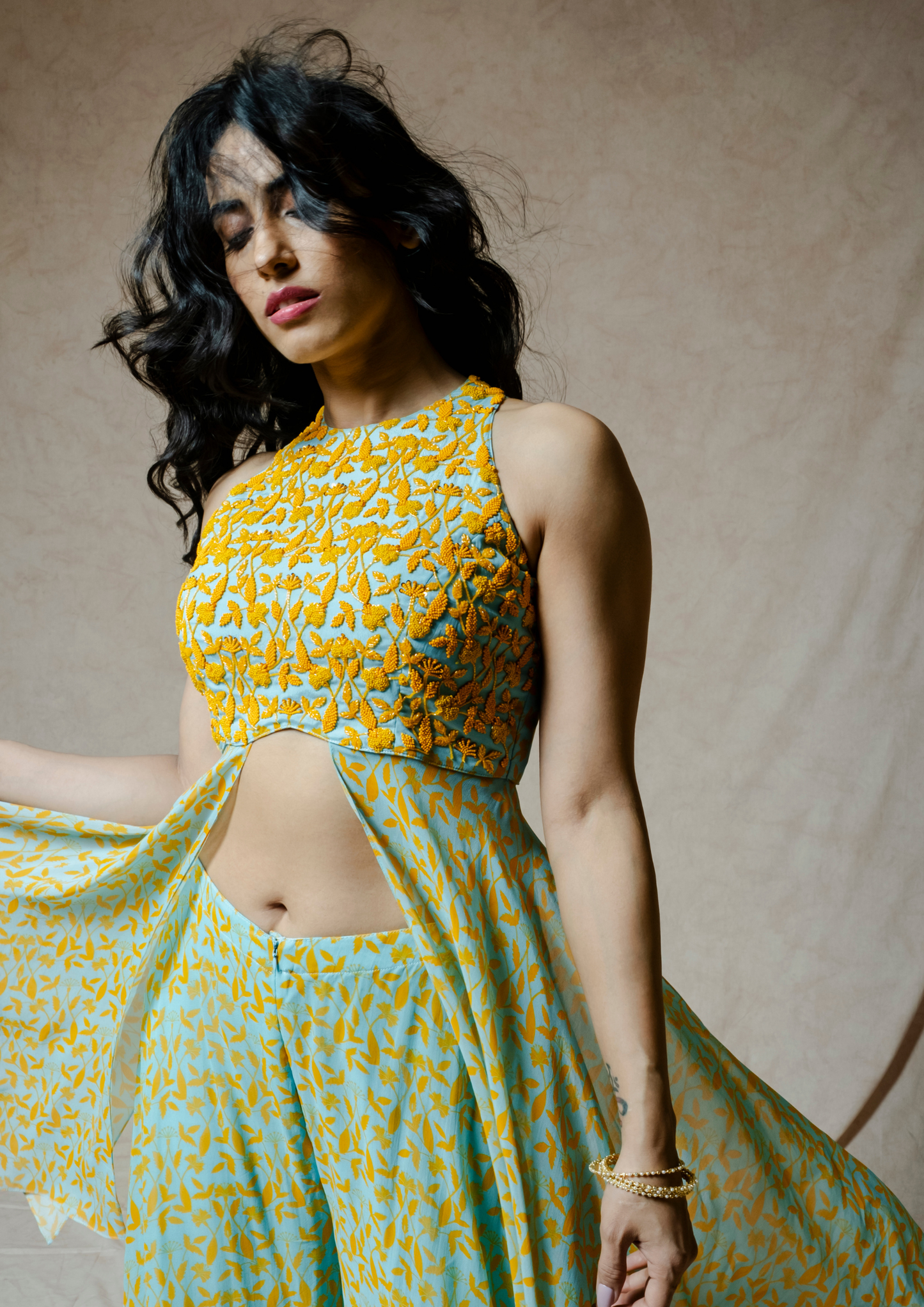 Noor Orange and Blue Crop Top and Palazzo Set.