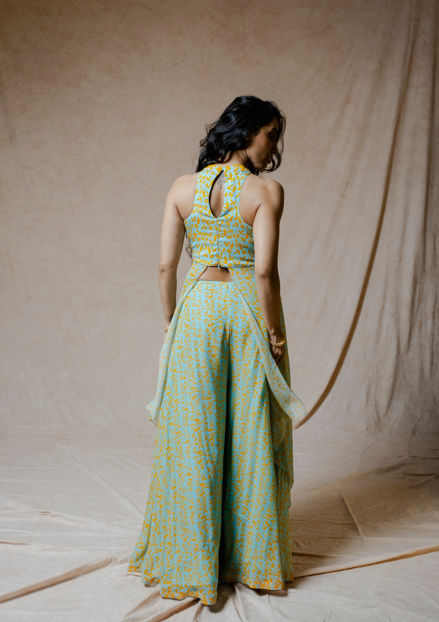 Noor Orange and Blue Crop Top and Palazzo Set.