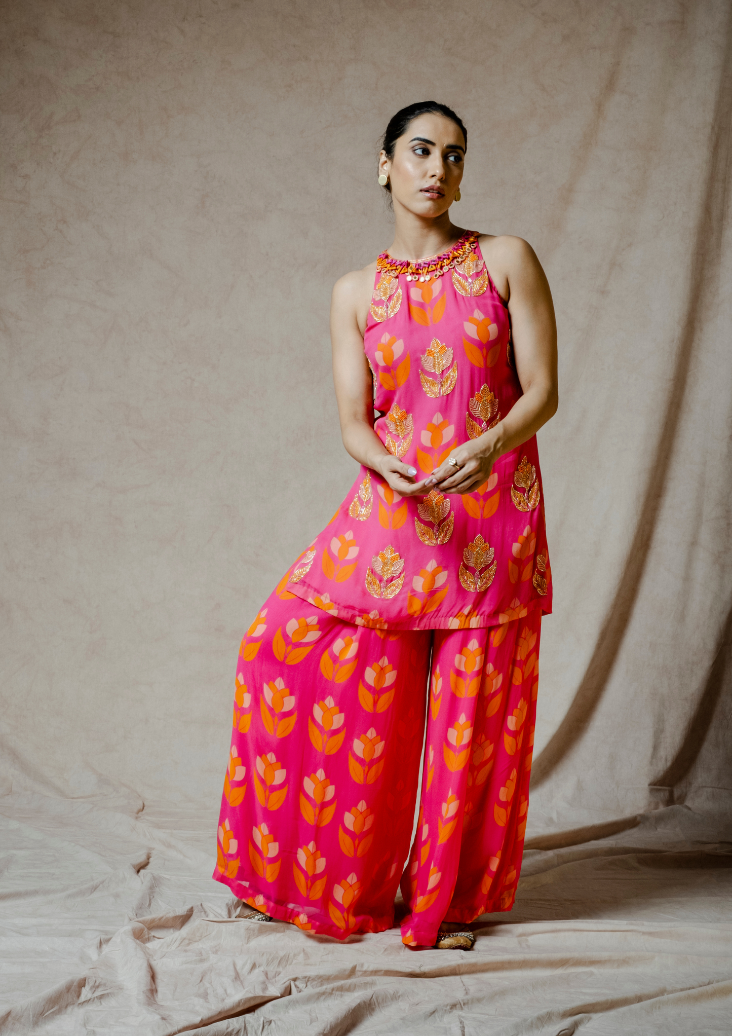 Noor Pink Lotus Print Kurta and Pant Set.
