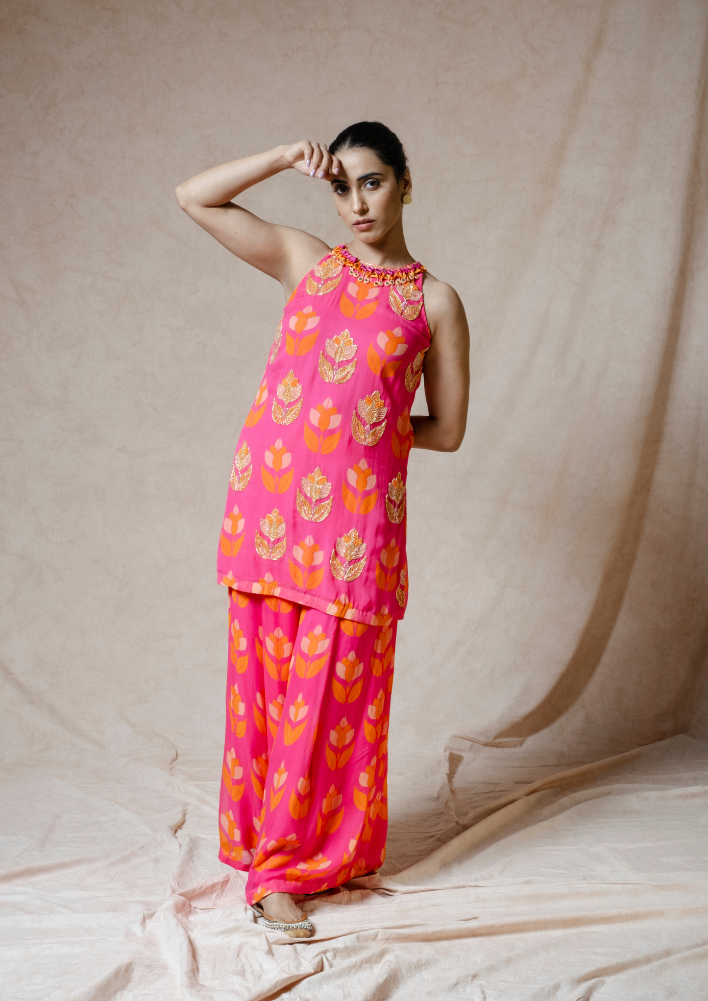 Noor Pink Lotus Print Kurta and Pant Set.