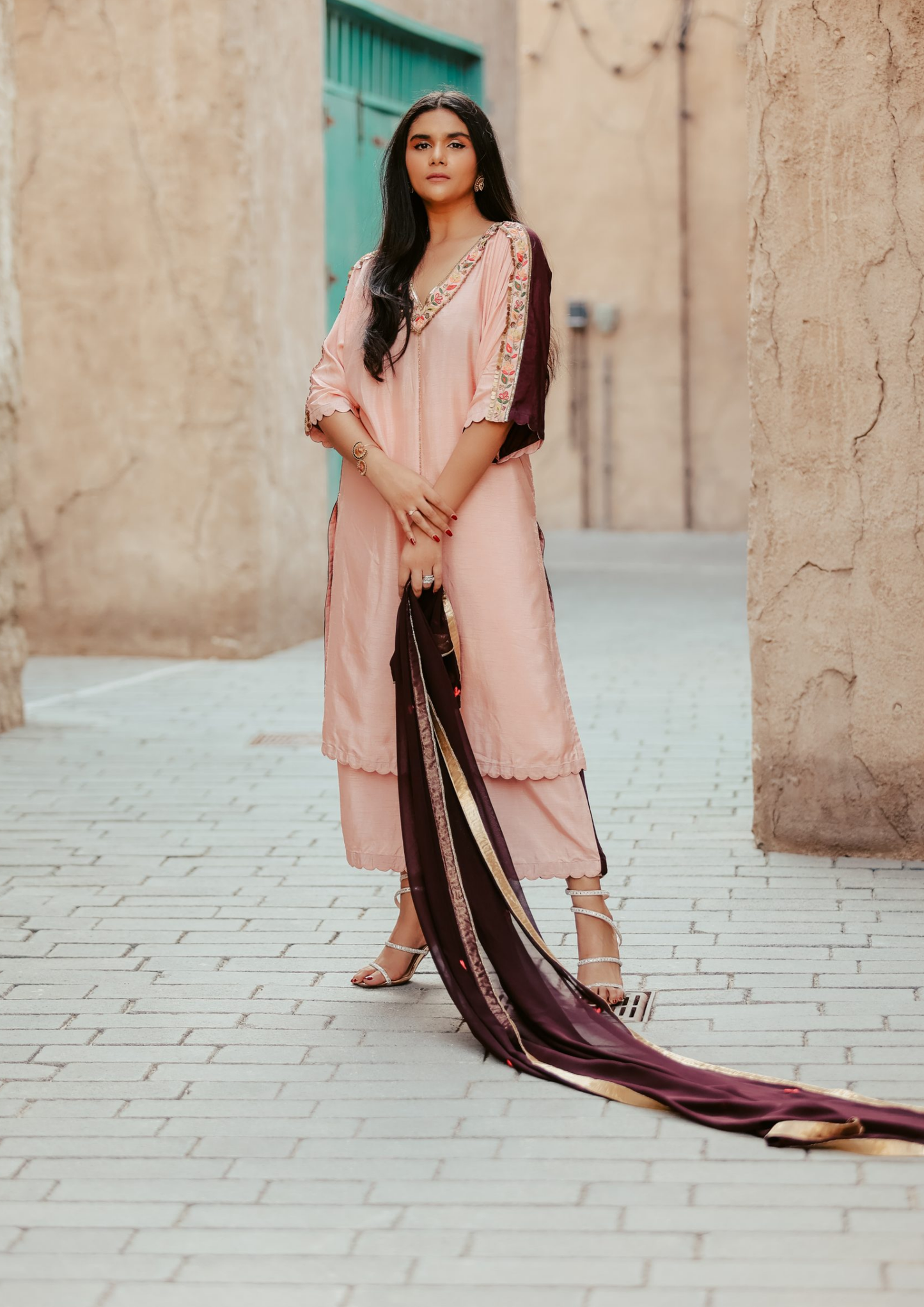 Sorbet Maya Dusty Pink and Wine Dual Toned Kurta Set