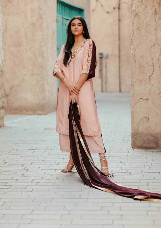 Sorbet Maya Dusty Pink and Wine Dual Toned Kurta Set