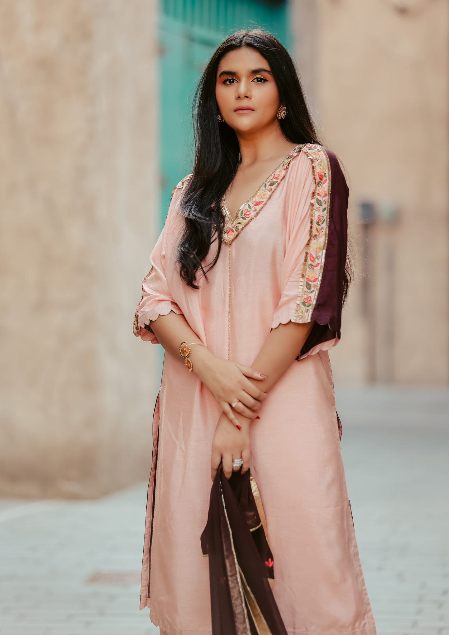 Sorbet Maya Dusty Pink and Wine Dual Toned Kurta Set