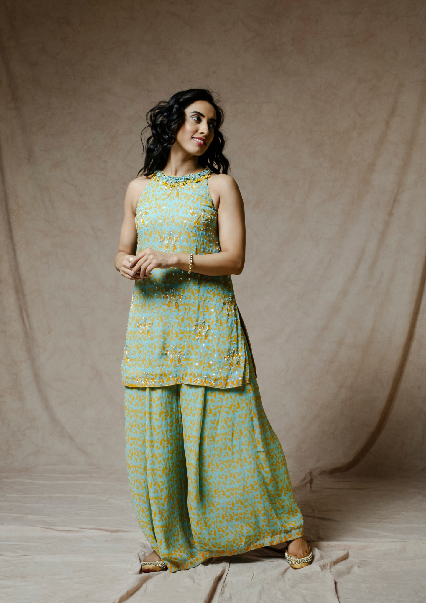 Noor Orange and Blue Kurta Set.