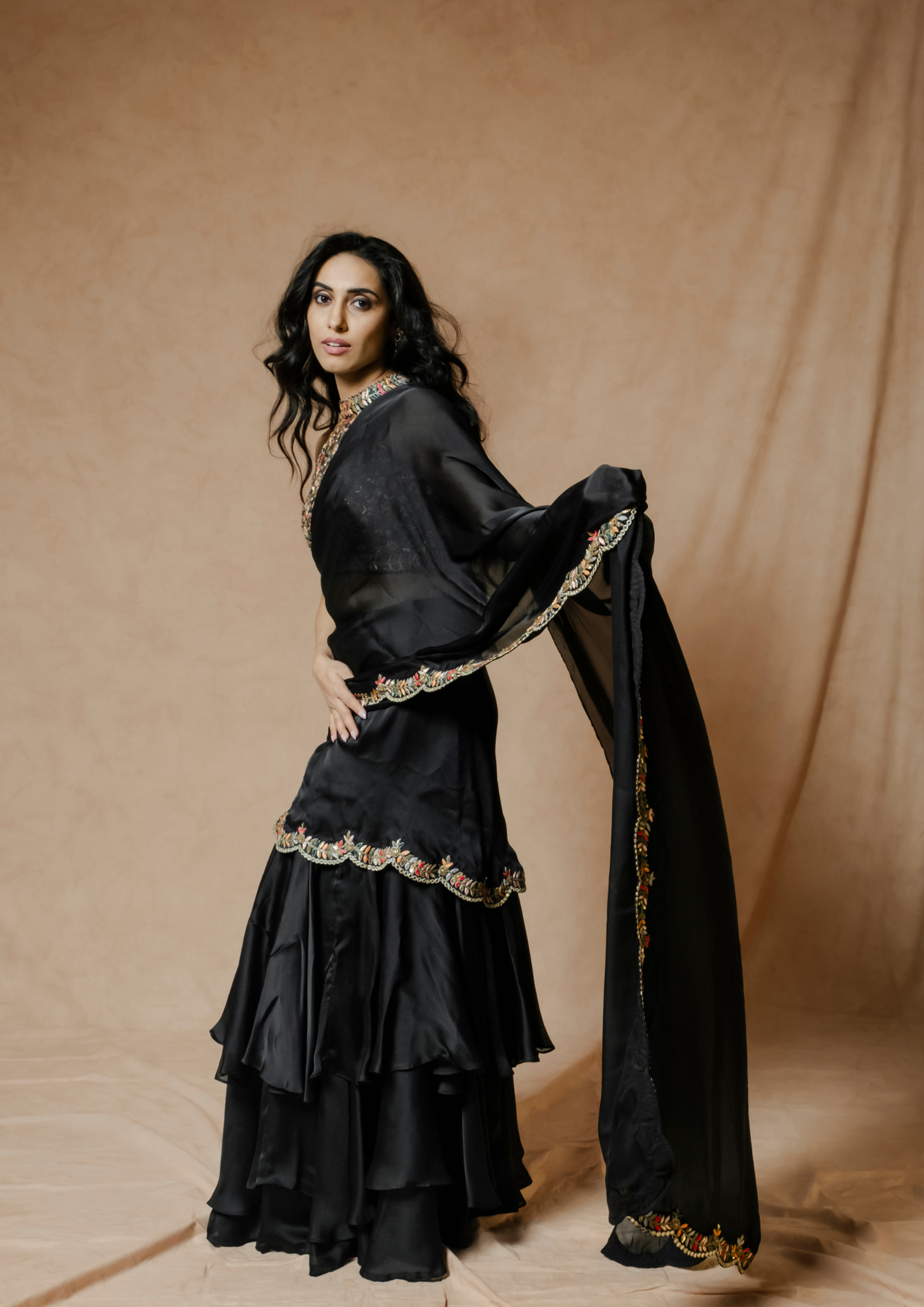 Noor Black waterfall Pre-stitched Saree Set