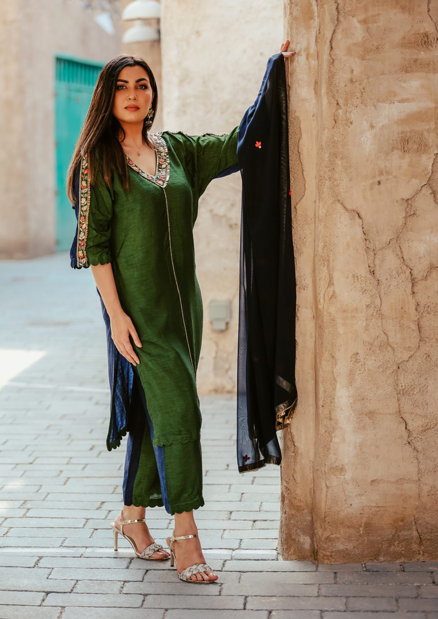 Sorbet Maya Jewel Double Toned Green and Blue Kurta Set