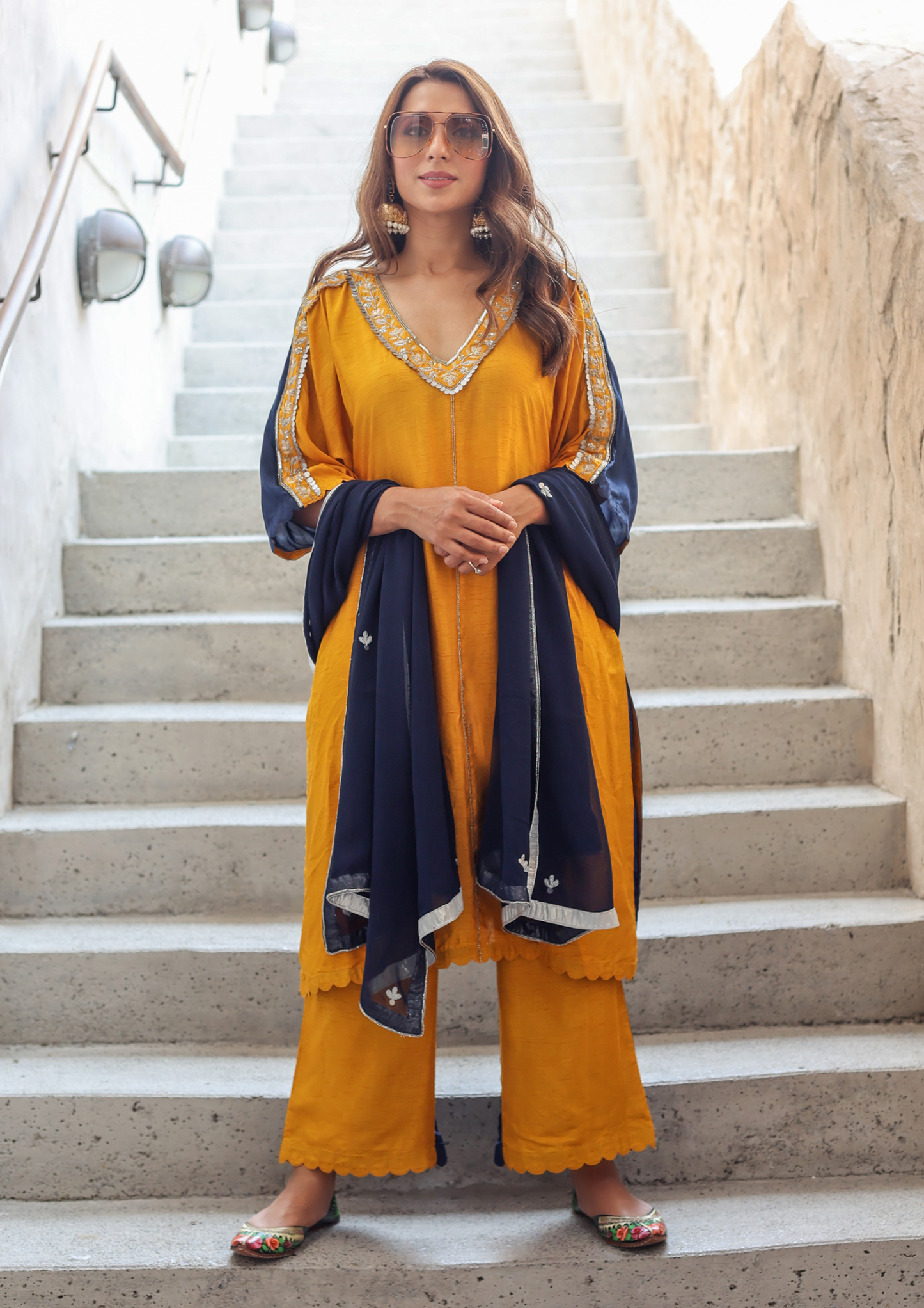 Sorbet Maya Jewel Double Toned Mustard Yellow and Blue Kurta Set