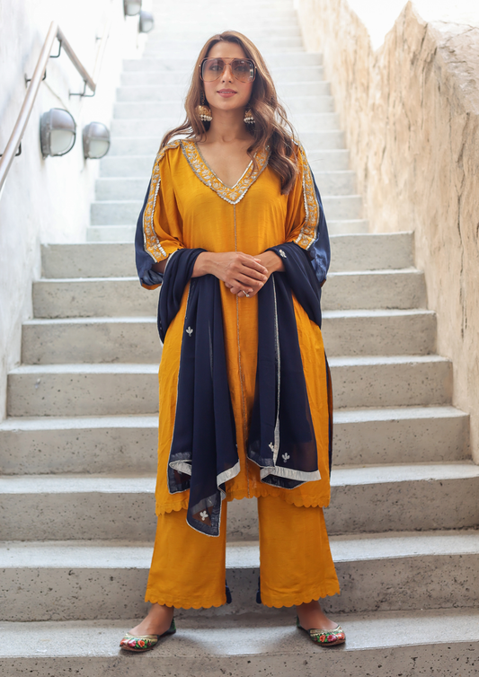 Sorbet Maya Jewel Double Toned Mustard Yellow and Blue Kurta Set