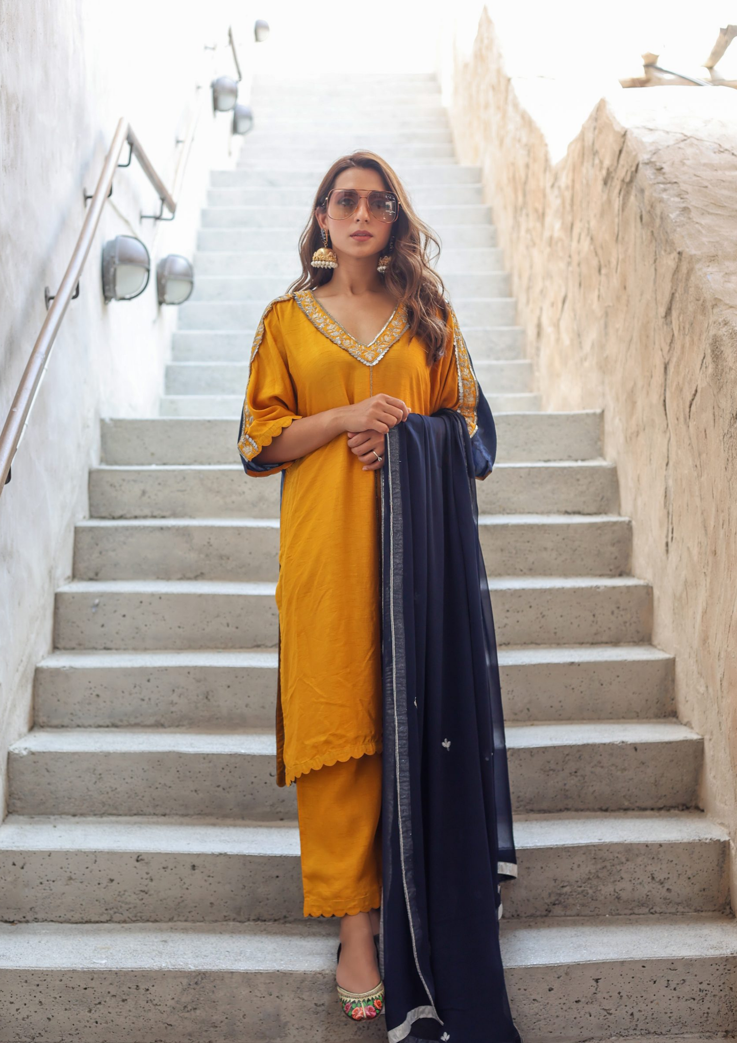 Sorbet Maya Jewel Double Toned Mustard Yellow and Blue Kurta Set