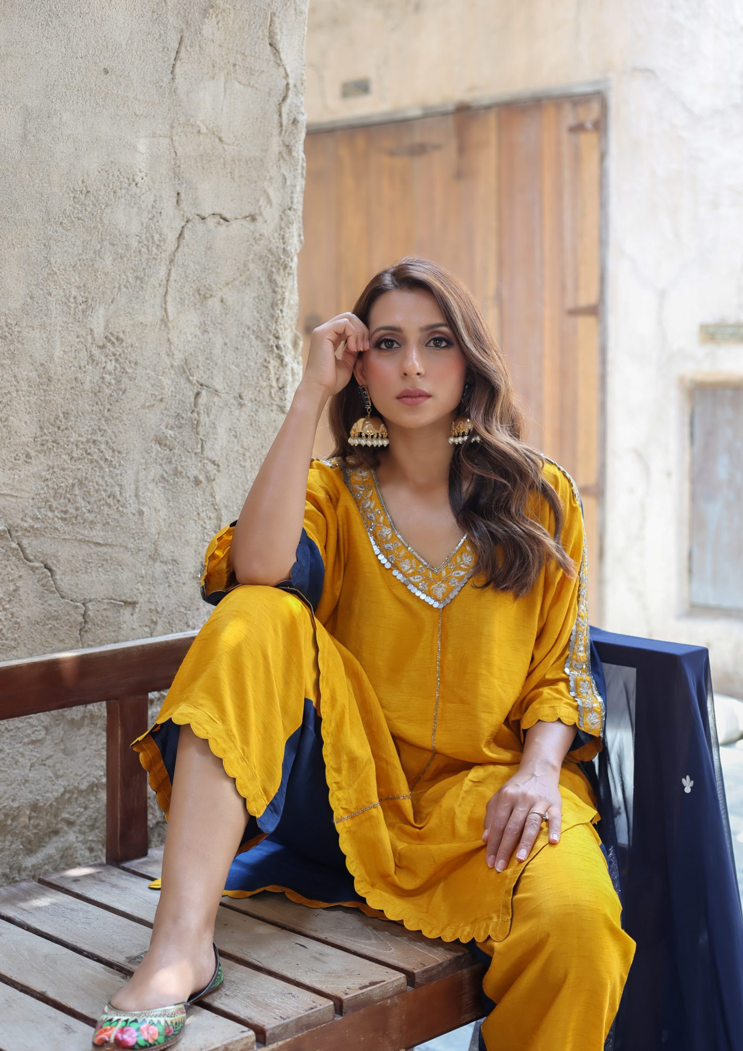 Sorbet Maya Jewel Double Toned Mustard Yellow and Blue Kurta Set