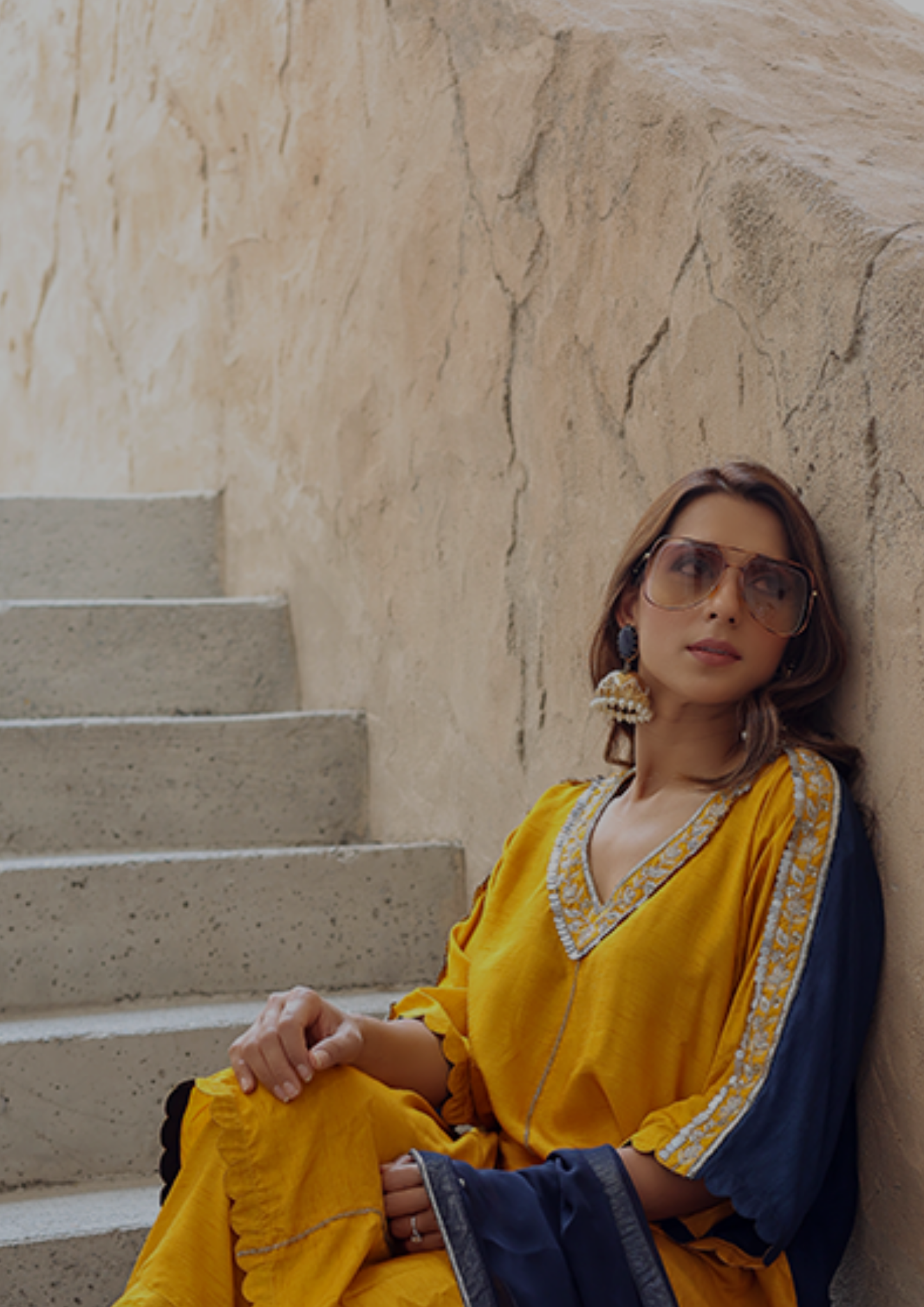Sorbet Maya Jewel Double Toned Mustard Yellow and Blue Kurta Set