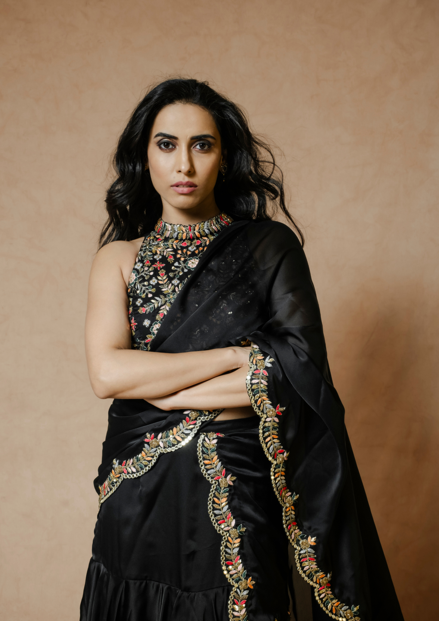 Noor Black waterfall Pre-stitched Saree Set