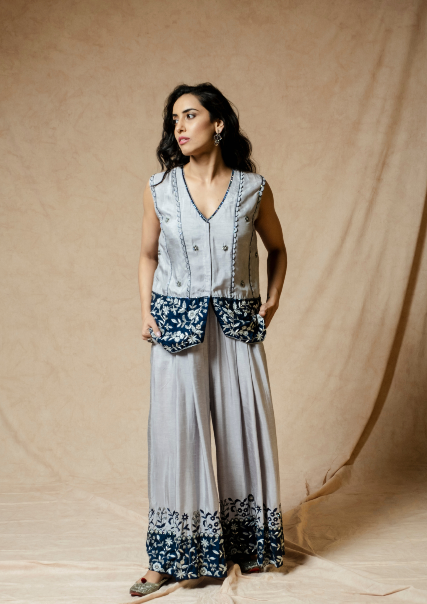 Akira Grey and Blue Jumpsuit and Jacket Set.