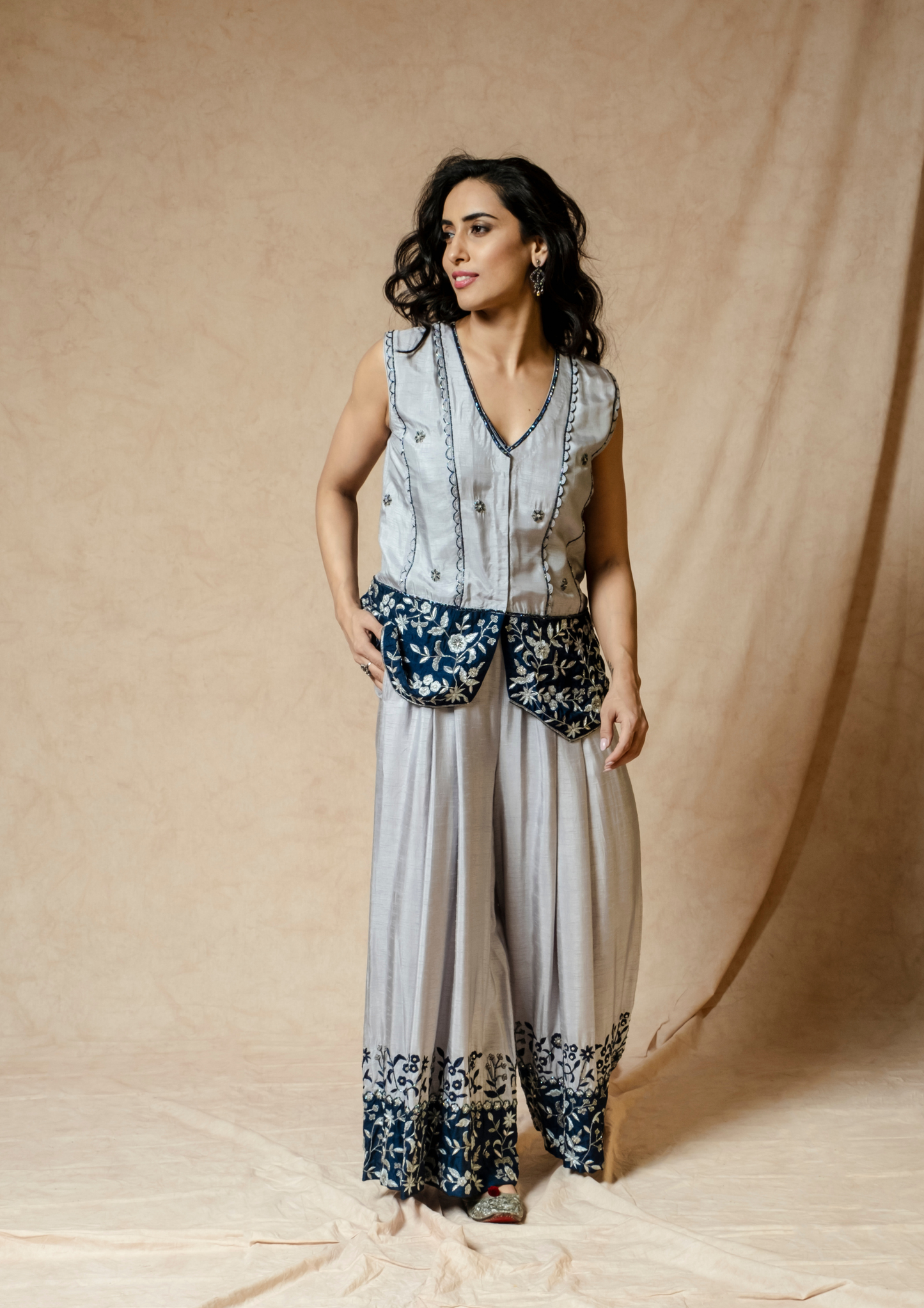 Akira Grey and Blue Jumpsuit and Jacket Set.