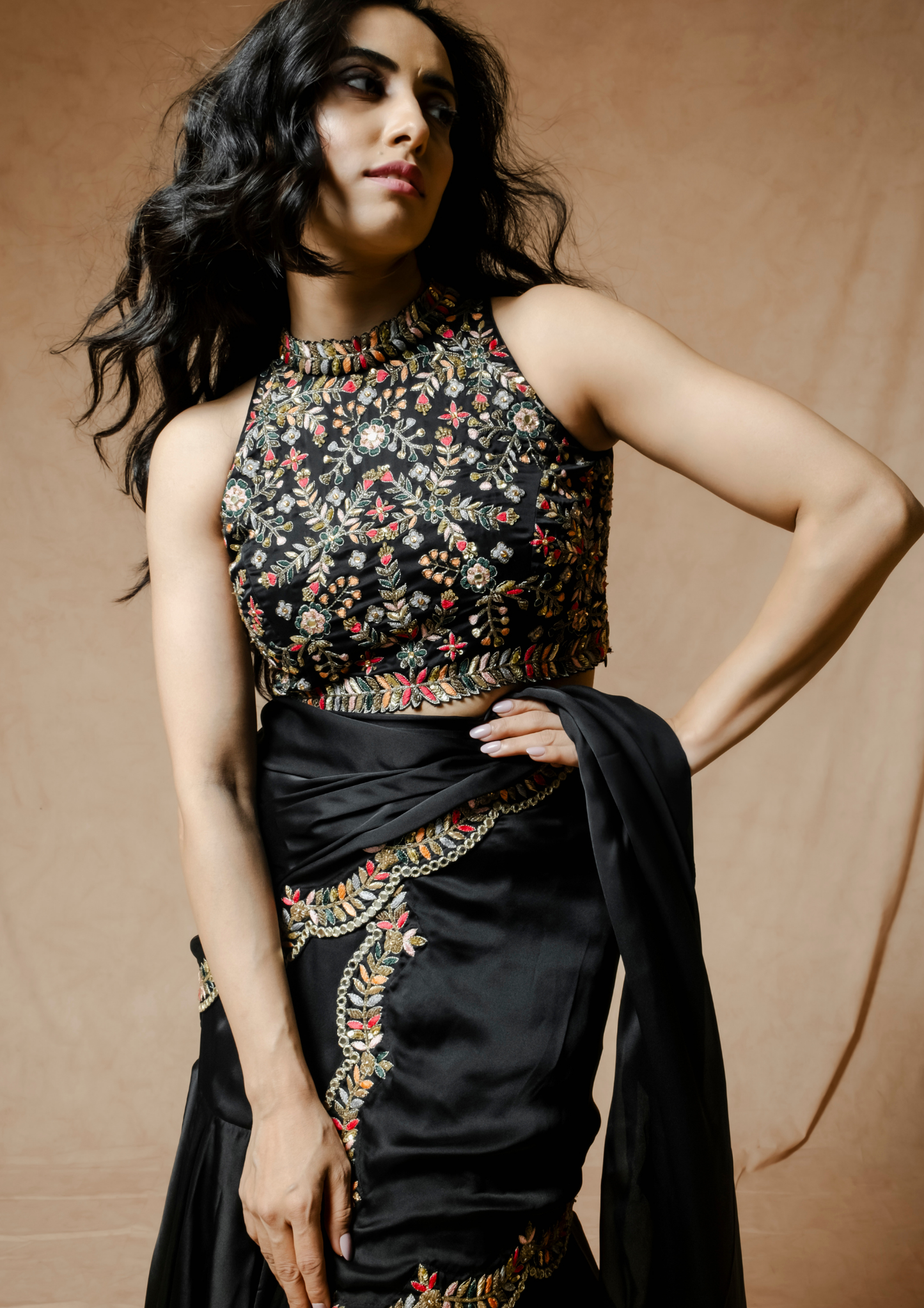 Noor Black waterfall Pre-stitched Saree Set