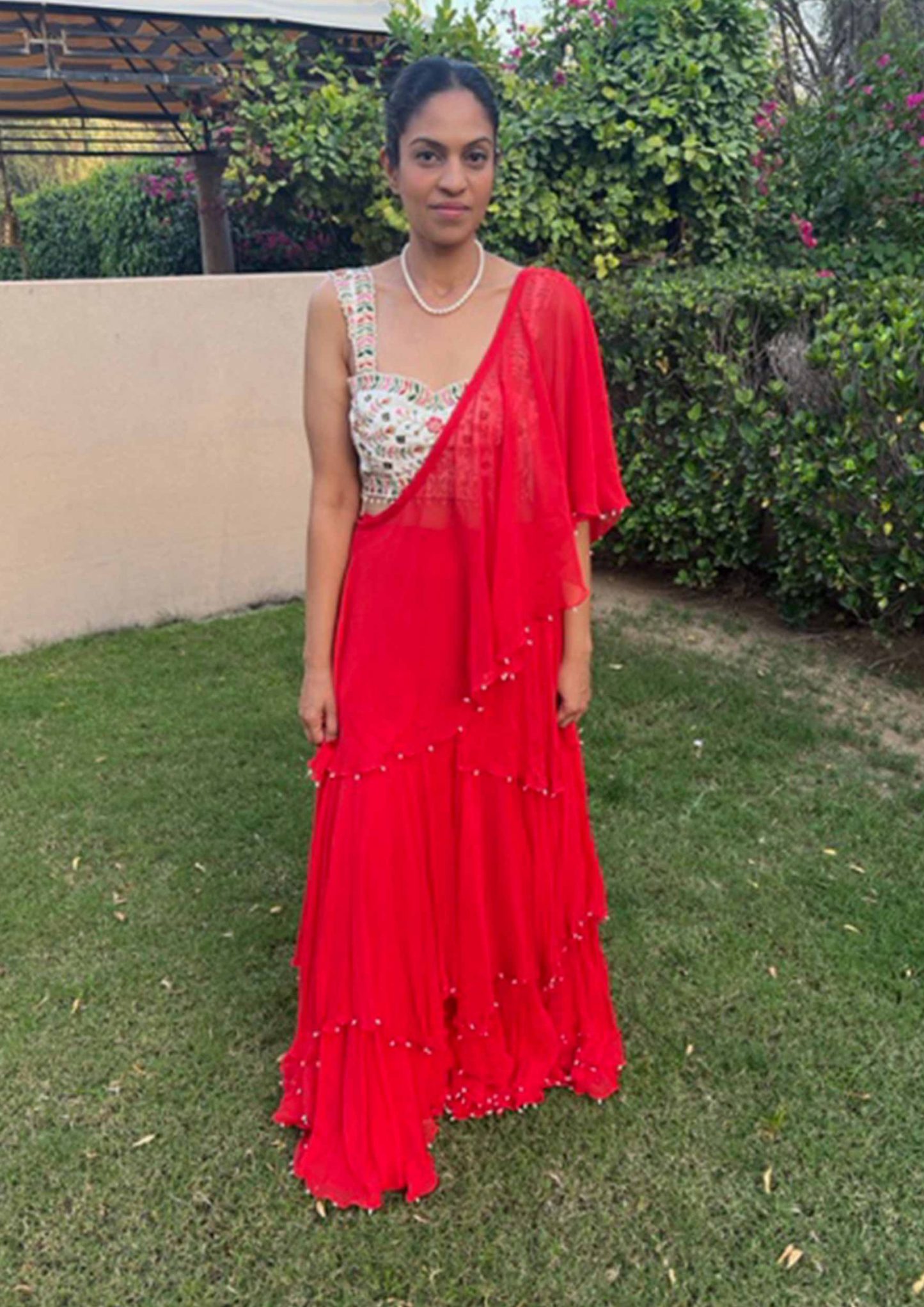 Akira Orange and Cream Pre- Stitched Waterfall Draped Saree and Blouse.