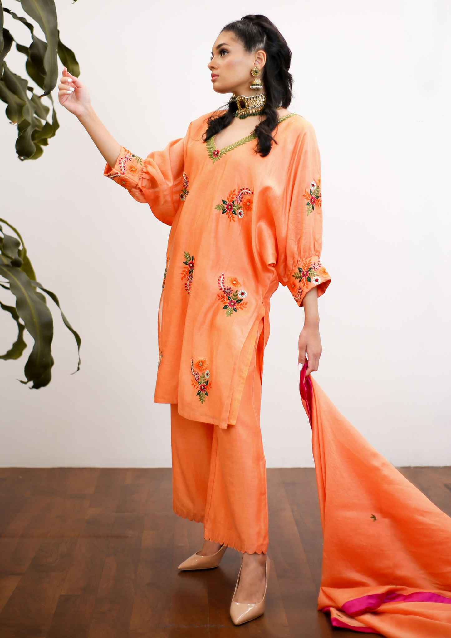 Sorbet Phool Burnt Orange Kaftan Kurta Set.