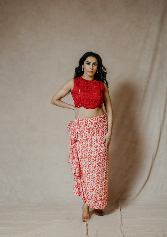 Noor Red and White Floral Draped Skirt.
